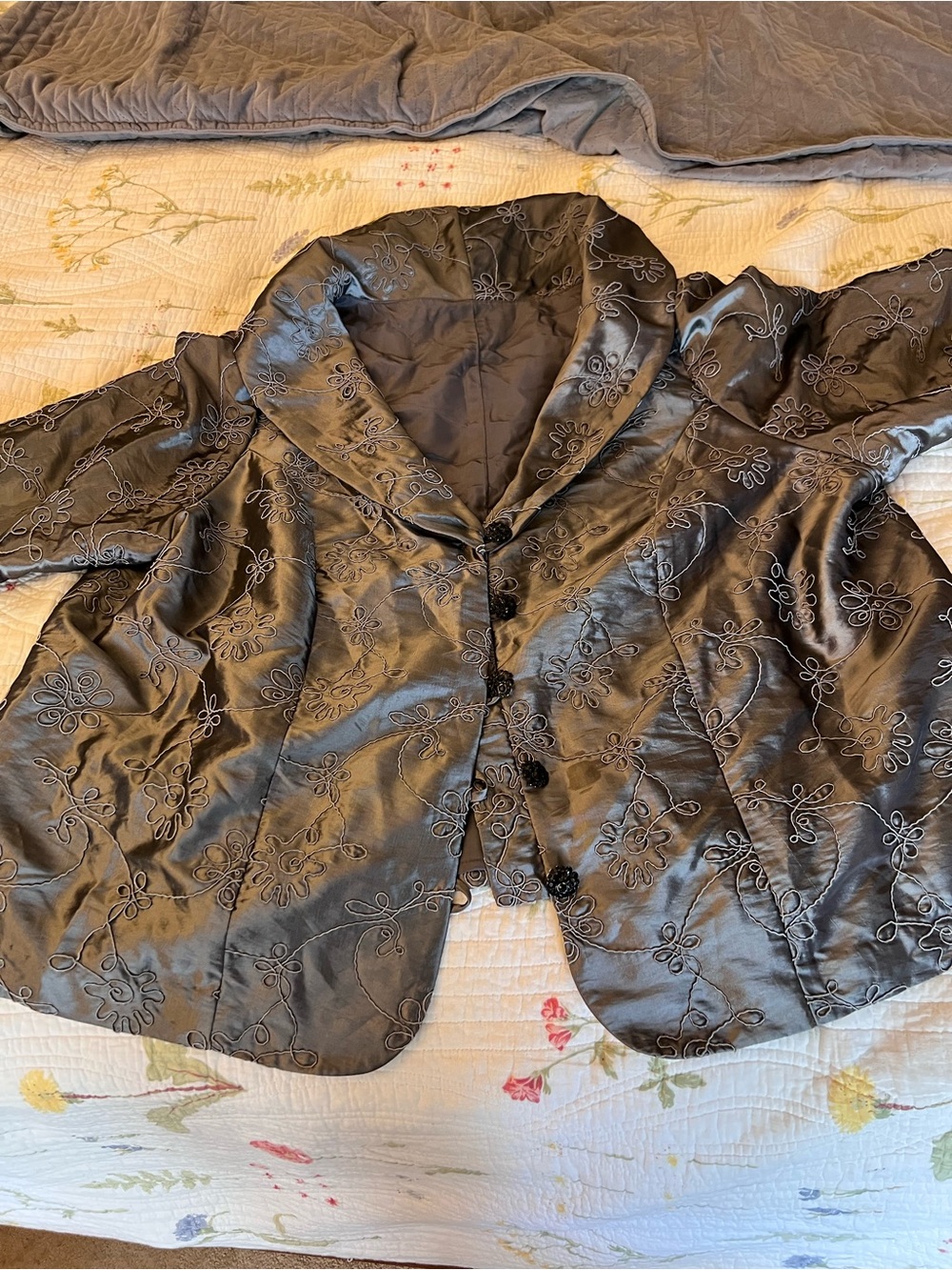 Elegant Embroidered Satin Jacket & matching skirt in Charcoal Gray